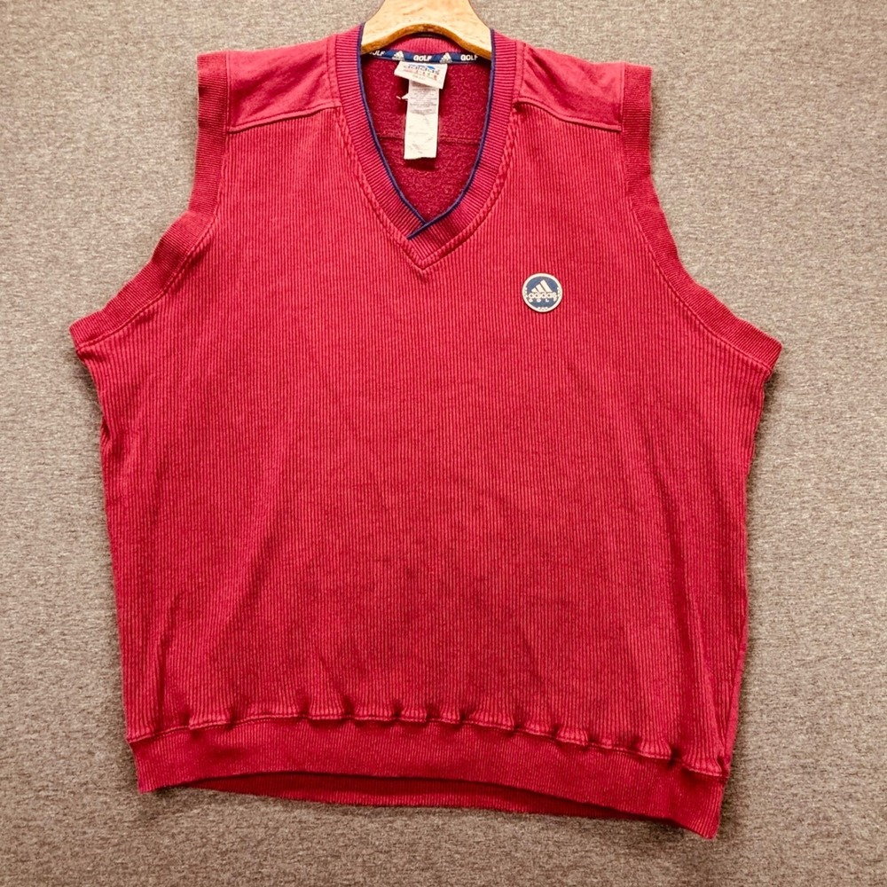 VTG Adidas Golf Sweater Vest Mens XL V Neck Ribbed Sleeveless Red Burgundy Logo
